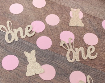 Some bunny is one confetti; gold blush and pink bunny first birthday party table scatter; table decor; bunny birthday decorations