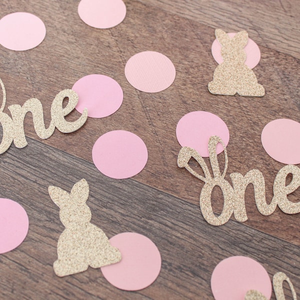Some bunny is one confetti; gold blush and pink bunny first birthday party table scatter; table decor; bunny birthday decorations