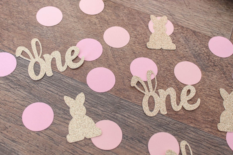 Some bunny is one confetti gold blush and pink bunny first birthday party table scatter table decor bunny birthday