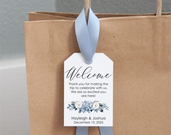 Blue Hydrangea Wedding Hotel Guest Welcome Bag Tags with smoke blue Ribbon: Personalized Favor