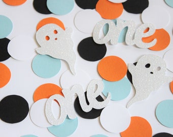 Spooky One, Little Boo First Birthday Confetti: Ghost, Blue, Orange Halloween Decor