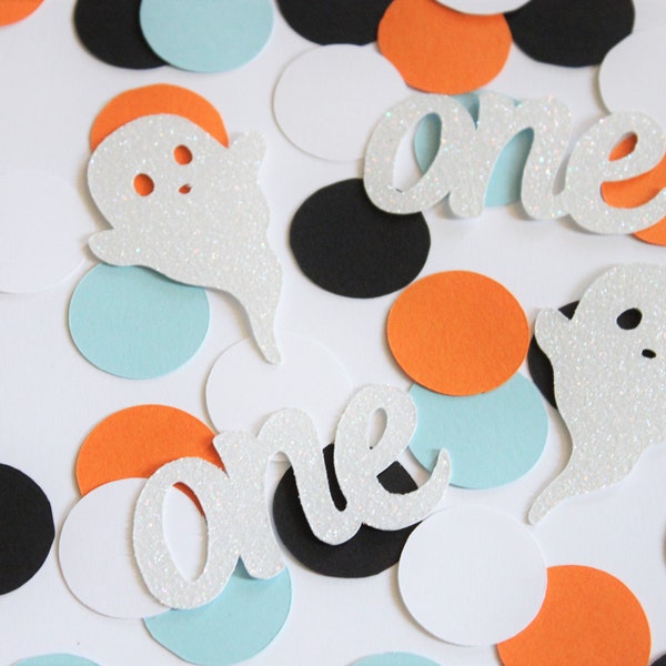 Spooky one first birthday ghost Halloween fall confetti; baby blue, black, orange, white one spooky year; first boo; table scatter