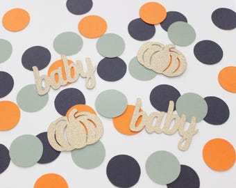 Navy, orange, sage, gold confetti: A Little Pumpkin is on the Way Baby Shower decor