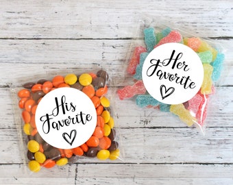 Wedding Welcome Bag Stickers: His & Her Favorite Candy Treat Favors