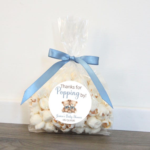 Teddy Bear Boy Twin Baby Shower; thanks for popping by popcorn favor stickers bags