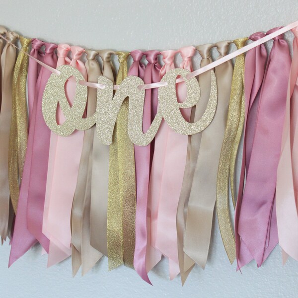 Boho blush, mauve, brown, gold ribbon high chair banner. Bohemian rainbow baby girl first birthday party. Wild one. Cake smash backdrop