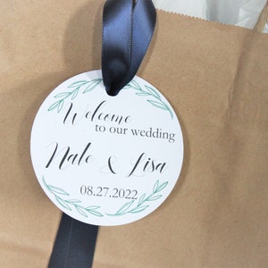 Wedding Hotel Welcome Bag tag and ribbon set; guest favor bags; greenery boho; personalized bride and groom names, wedding date hang tags