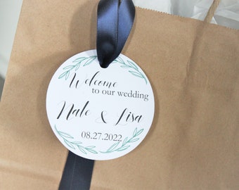 Wedding Hotel Welcome Bag tag and ribbon set; guest favor bags; greenery boho; personalized bride and groom names, wedding date hang tags