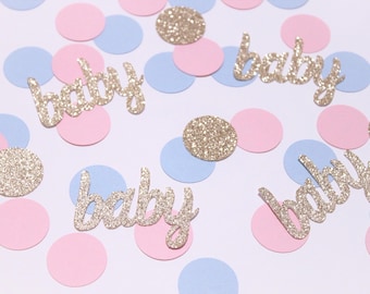 Baby pink blue gold baby shower gender reveal confetti table decor