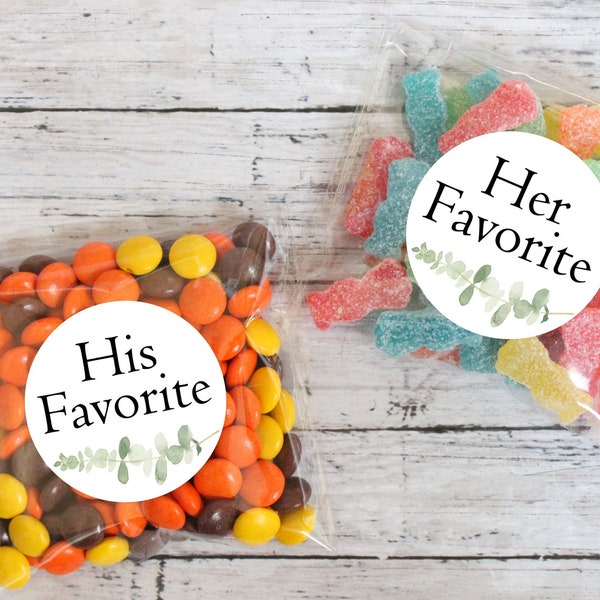 Wedding hotel welcome bag treat his her favorite candy snack favor stickers; destination out of town guest thank you gift bag; eucalyptus