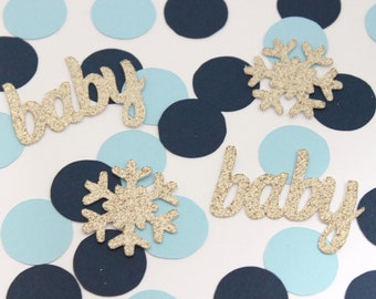 Baby it's cold outside confetti, gold navy and baby blue winter little snowflake boy shower, table scatter decorations, gender reveal