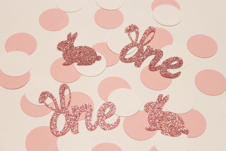Some bunny is one confetti rose gold blush and white bunny first birthday party table scatter table decor bunny birthday