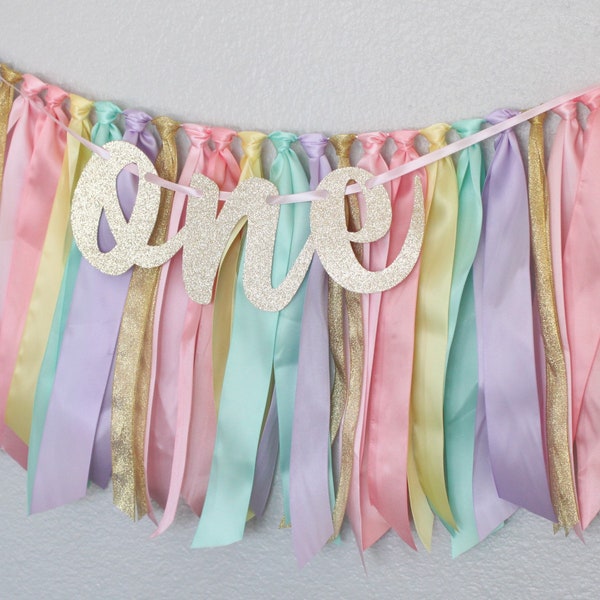 Rainbow pastel unicorn sweet one first birthday high chair ribbon garland banner, birthday party decor, smash cake photo shoot backdrop