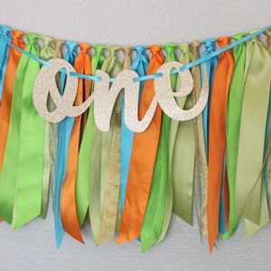 Dinosaur first birthday high chair banner; orange, turquoise blue, lime green, gold; boy party decorations; smash cake backdrop