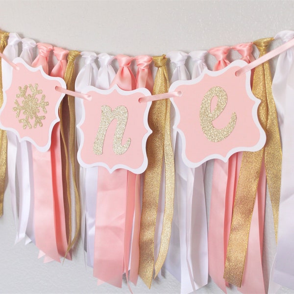 Winter onederland high chair banner, blush, white, gold decor, first birthday girl decor, ribbon garland, cake smash photo backdrop