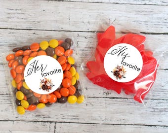 Fall Wedding Welcome Bag Stickers: His & Her Favorite Treats