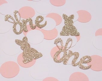 Some bunny is one confetti; gold blush and white bunny first birthday party table scatter; table decor; bunny birthday decorations