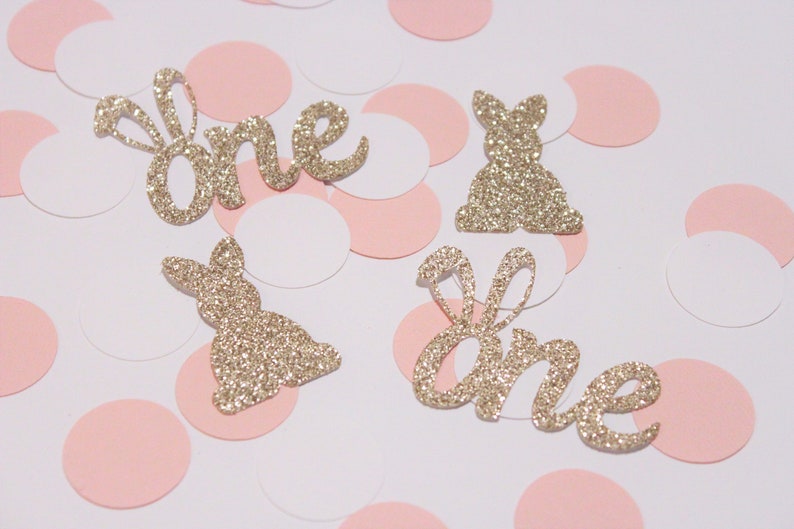 Some bunny is one confetti gold blush and white bunny first birthday party table scatter table decor bunny birthday