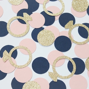 Navy, blush, gold ring confetti, engagement party, bridal shower, bachelorette, wedding table scatter, last fling before the ring