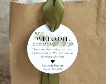 Destination Wedding Hotel Welcome Bag tag and ribbon boho greenery guest favor out of town thank you eucalyptus gift simplistic appreciation