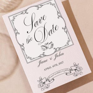 Elegante biglietto d'auguri vintage Save the Date / Annuncio di matrimonio digitale senza tempo / Classico invito romantico a forma di cigno