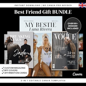 Best Friend Gift Bundle – Editable Canva Magazine + BFF Covers & Affirmation Cards | Digital Download | Personalized Birthday Gift Vogue