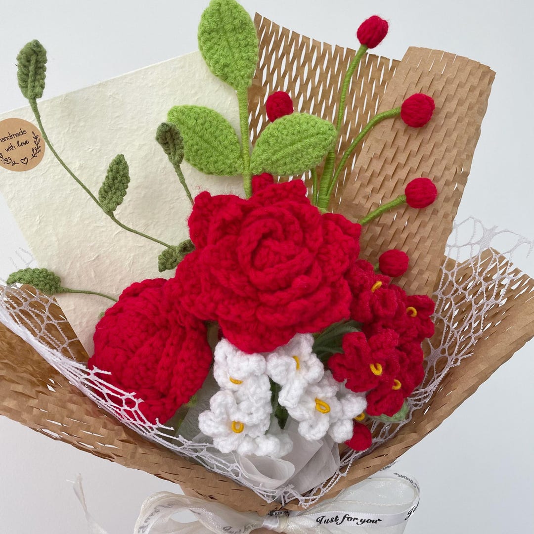 Crochet Red Rose Flowers Bouquet,knitted Flowers,crochet Red Tulip ...
