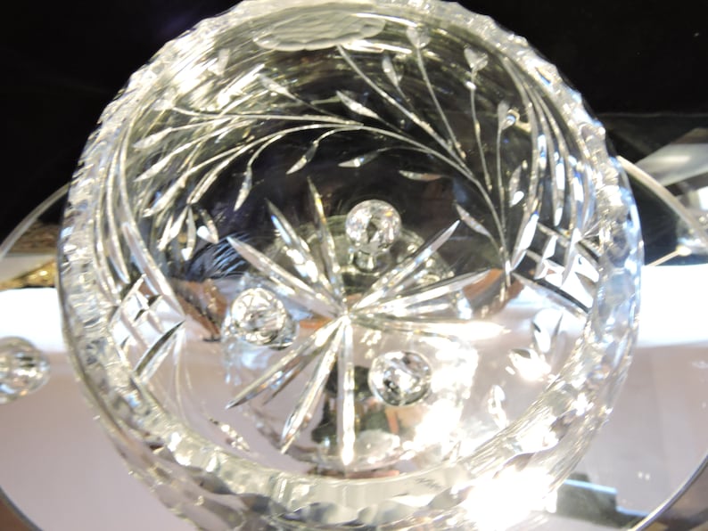Rose Bowl Globe Crystal Footed With Etched Rose and Leaves Large