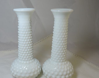 Vintage White Milk Glass Hobnail Bud Vases
