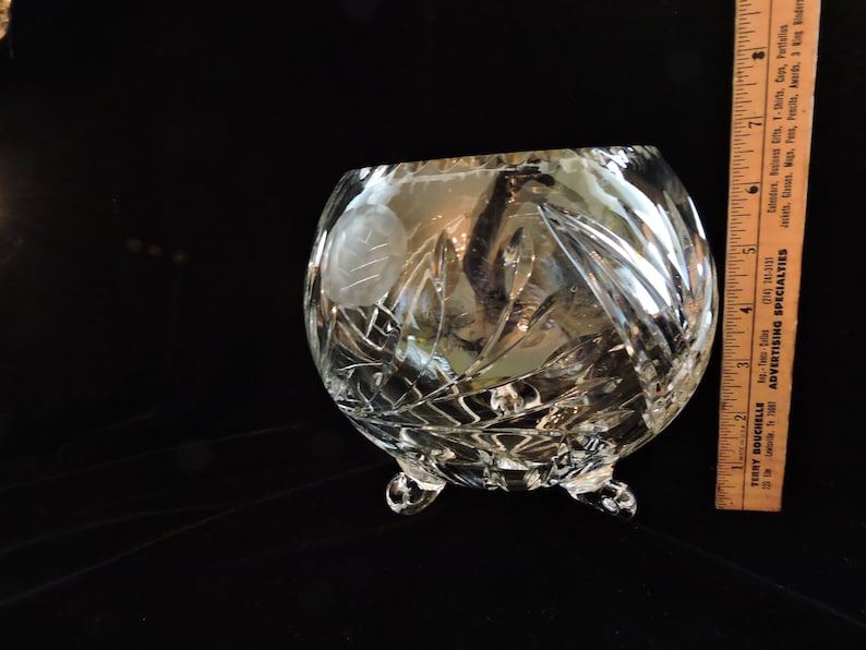 Rose Bowl Globe Crystal Footed With Etched Rose and Leaves Large