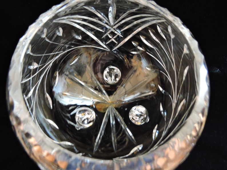 Rose Bowl Globe Crystal Footed With Etched Rose and Leaves Large