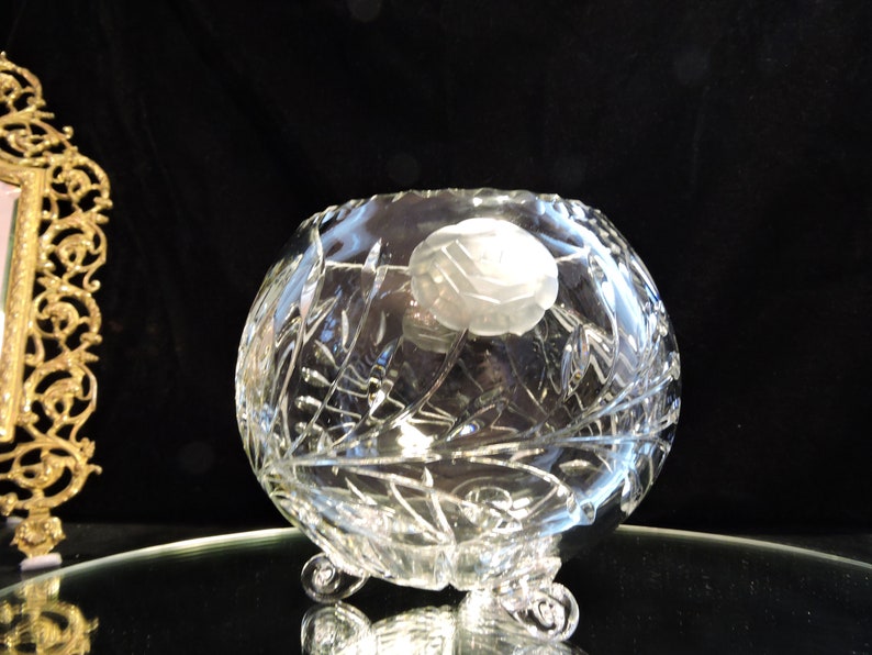 Rose Bowl Globe Crystal Footed With Etched Rose and Leaves Large