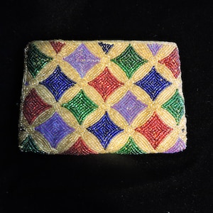 Beaded Jewel Tone Bag Purse Makeup Bag Neiman Marcus Gold Royal Blue Red Green
