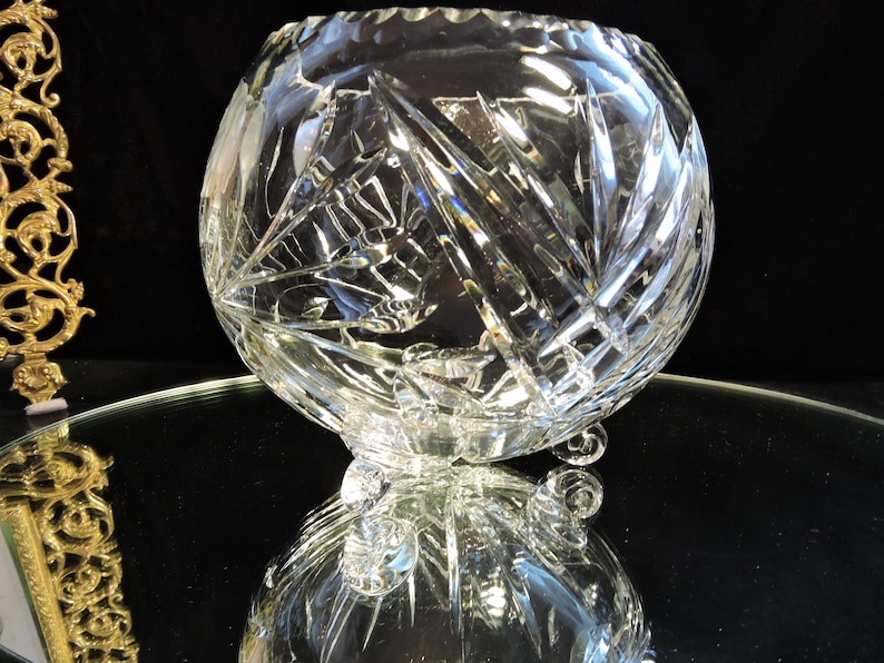 Rose Bowl Globe Crystal Footed With Etched Rose and Leaves Large