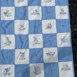 Vintage Baby Blanket Quilted with embroidery Animals Blue Small