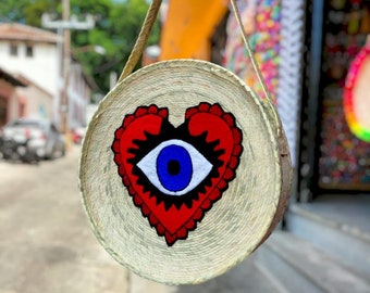 Evil Eye Heart Straw Shoulder Bag, Palm Leaf Mexican Bag, Straw Bag Crossbody