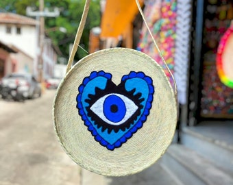 Evil Eye Heart Straw Bag, Mexican Summer Straw Bag, Boho Straw Beach Bag, Palm Leaf Mexican Bag, Straw Bag Crossbody