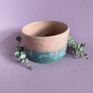 May include: A small, handmade ceramic bowl. The top is pink, fading into a turquoise blue base. The bowl has a rough, textured finish. The background is a solid lavender colour, with sprigs of green foliage around the bowl.