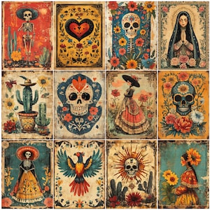 Arte imprimible del Día de los Muertos, decoración de pared de calaveras de arte popular mexicano, juego de pósteres vintage de calaveras, juego de 24, descarga digital