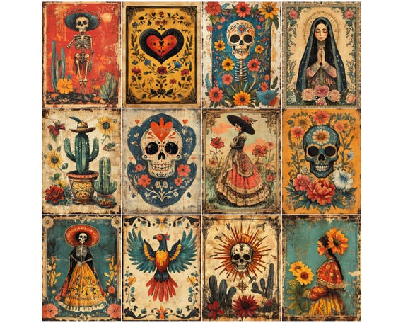 Dia de los Muertos Printable Art, Mexican Folk Art Skull Wall Decor, Vintage Calavera Poster Set, Set of 24 Digital Download