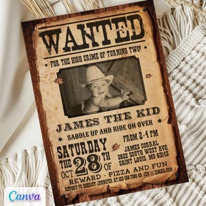 Wanted Poster Invitation with Photo, Custom Cowboy Birthday Invite, Wild Western Party Canva Template