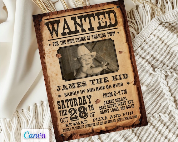 Wanted Poster Invitation with Photo, Custom Cowboy Birthday Invite, Wild Western Party Canva Template