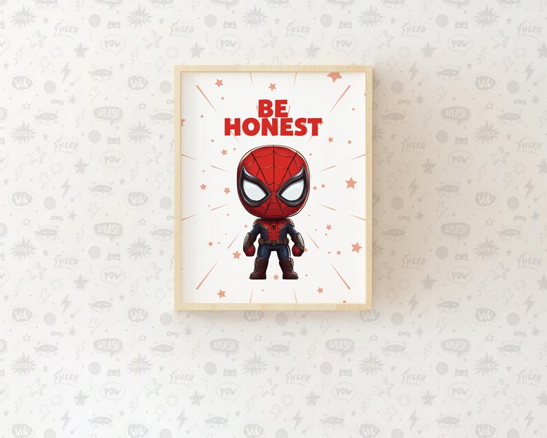 May include: A framed print with a red and blue cartoon superhero character with the text "BE HONEST" in red letters.