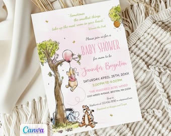 Winnie the Pooh Baby Shower Girl Invitation, Editable Canva Template, Printable, Digital