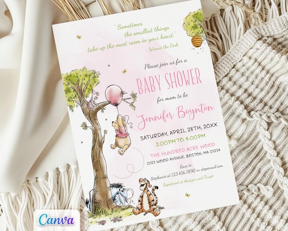 Winnie the Pooh Baby Shower Girl Invitation, Editable Canva Template, Printable, Digital