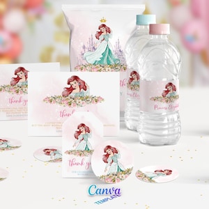 Ariel Party Favors, Water Bottle Labels, Favor Tags & Chip Bags (Canva Template) image 1