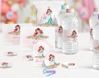 Ariel Party Favors, Water Bottle Labels, Favor Tags & Chip Bags (Canva Template)