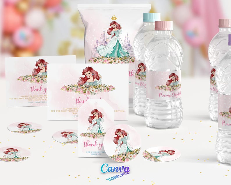 Ariel Party Favors, Water Bottle Labels, Favor Tags & Chip Bags (Canva Template) image 1