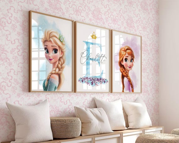 Frozen Wall Art Prints, Elsa and Anna Posters Watercolor Girls Bedroom Decor, Set of 3 Personalized Canva Template
