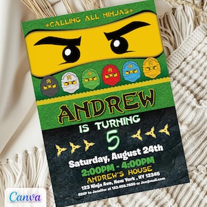 Puede incluir: Una invitación verde y negra con el texto "CALLING ALL NINJAS" y "ANDREW IS TURNING 5". La invitación incluye la fecha, la hora y el lugar de la fiesta. El diseño presenta gráficos temáticos de ninjas y el logotipo de Canva.